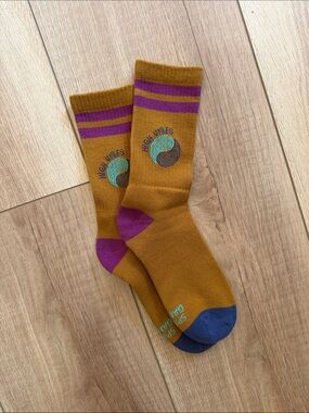 Spiritual Gangster Mustard Crew Socks with Purple Stripes and Navy Toe